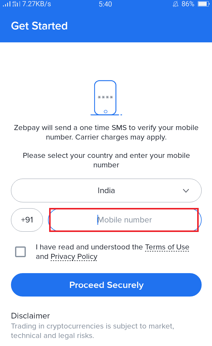 Zebpay Mobile varification 